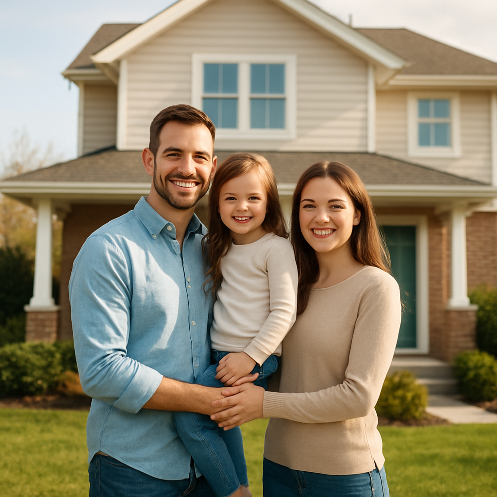 Happy family standing in front of their new suburban home
