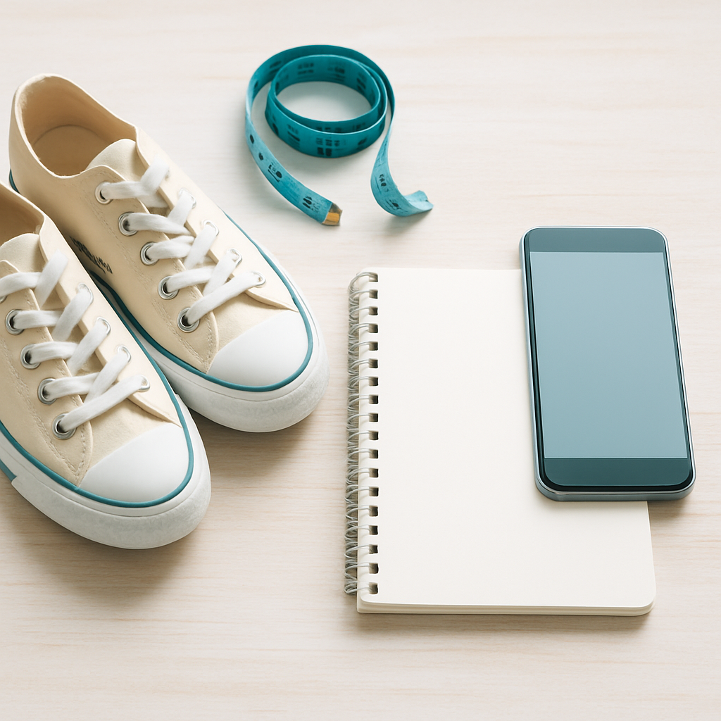 Flat-lay of casual sneakers, a measuring tape, a notebook and a smartphone on a light wooden surface