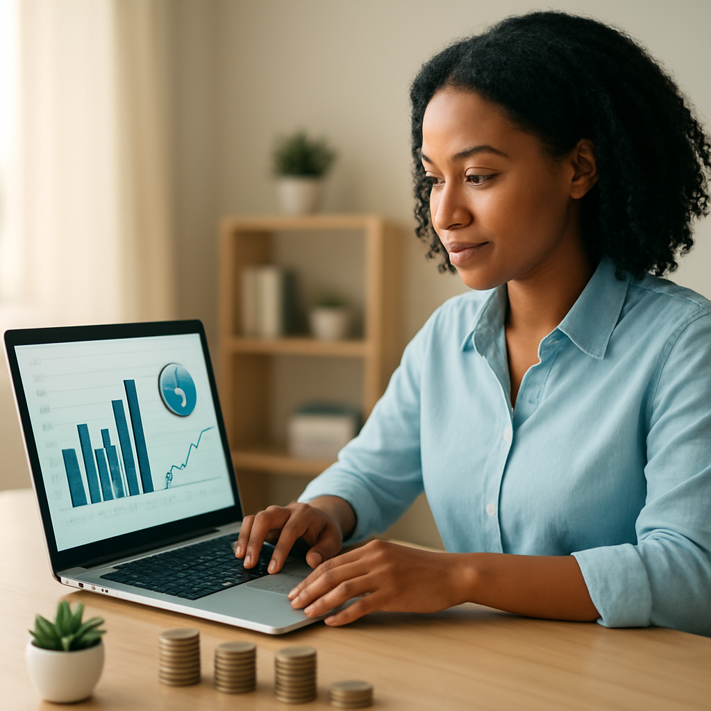 Person reviewing financial planning on a laptop with coins and a plant on a desk