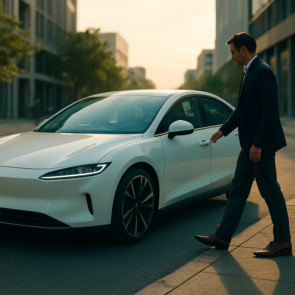 Sleek white electric car parked on a city street at golden hour
