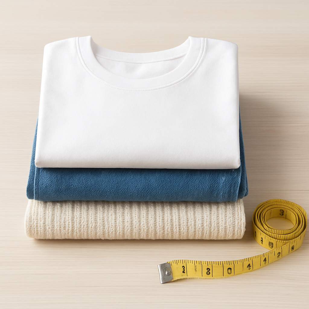 Folded clothing and a measuring tape on a light wooden surface