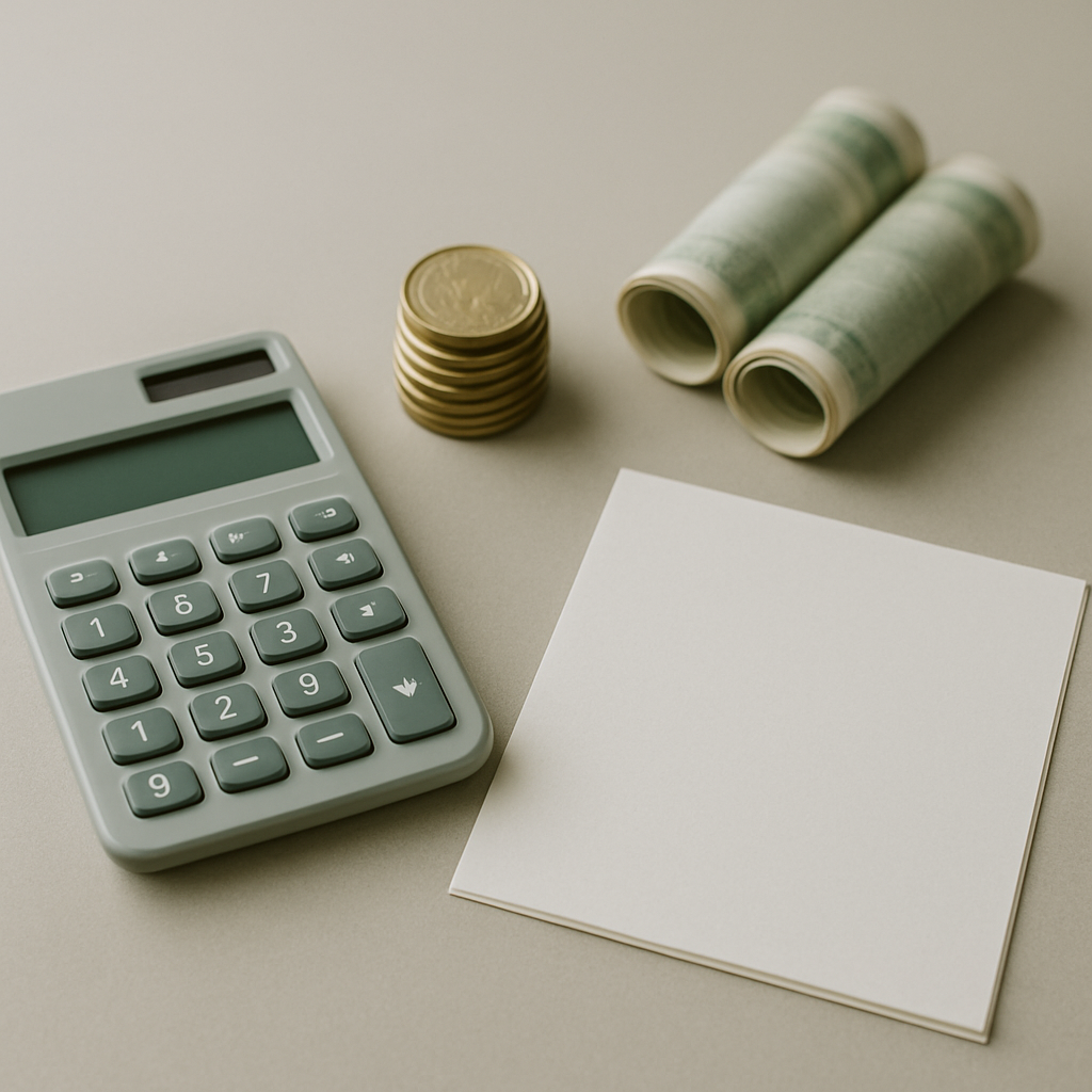 Payslip, calculator and coins on a desk